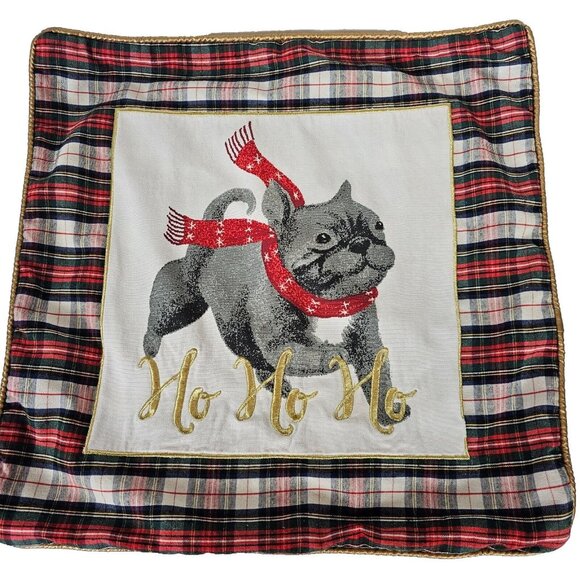 Willamstown 18" Gray Frenchie Bulldog Gold/Red Checker Plaid Pillow Sham Cover - Picture 1 of 10